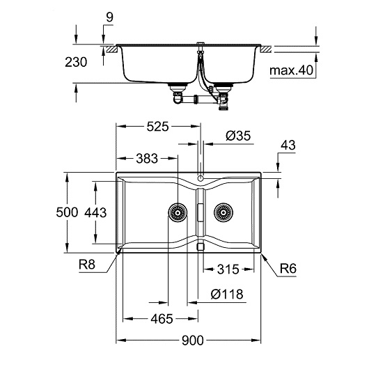 Мойка кухонная композитная GROHE K700 2 чаши 900x500 мм черный гранит 31658AP0