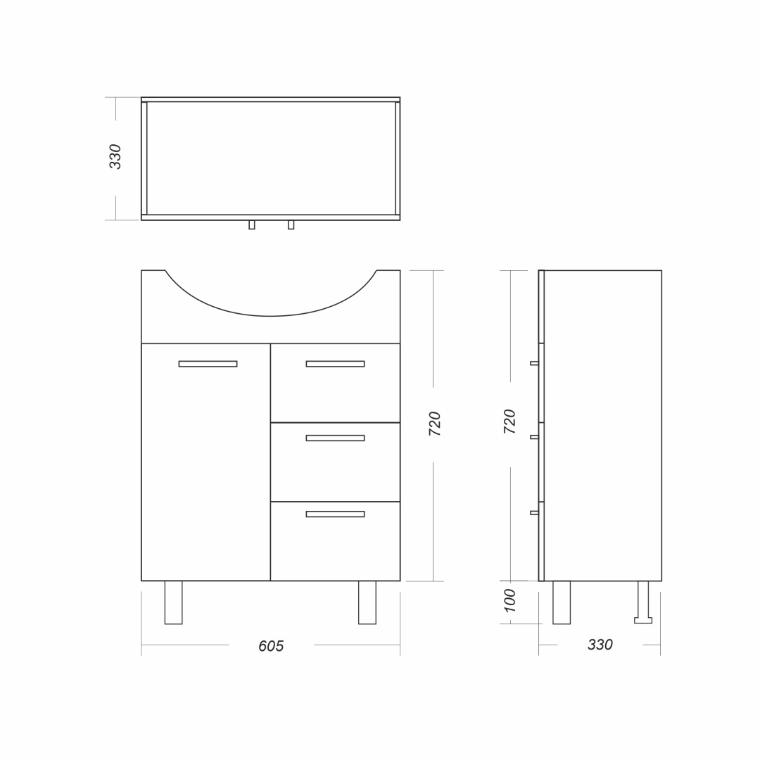 Тумба под умывальник напольная Rosa Лагуна/3 605х720х320 мм белая TLGN65