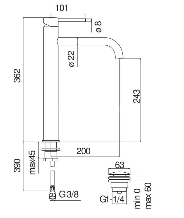 Смеситель для раковины Nobili LIVE высокий матовый черный LV00128/2BM