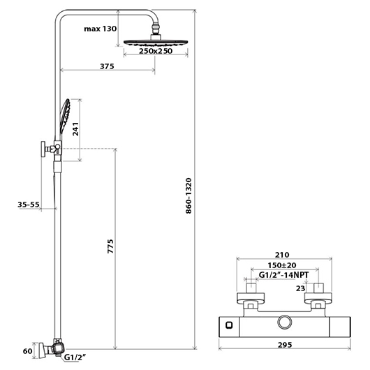 Душевая стойка с термостатическим смесителем и ручным душем RAVAK TD F 091.20/150 черный X070160