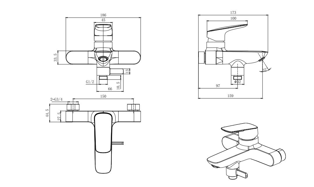Смеситель для ванны Aquanet Vega хром AQ1040CR
