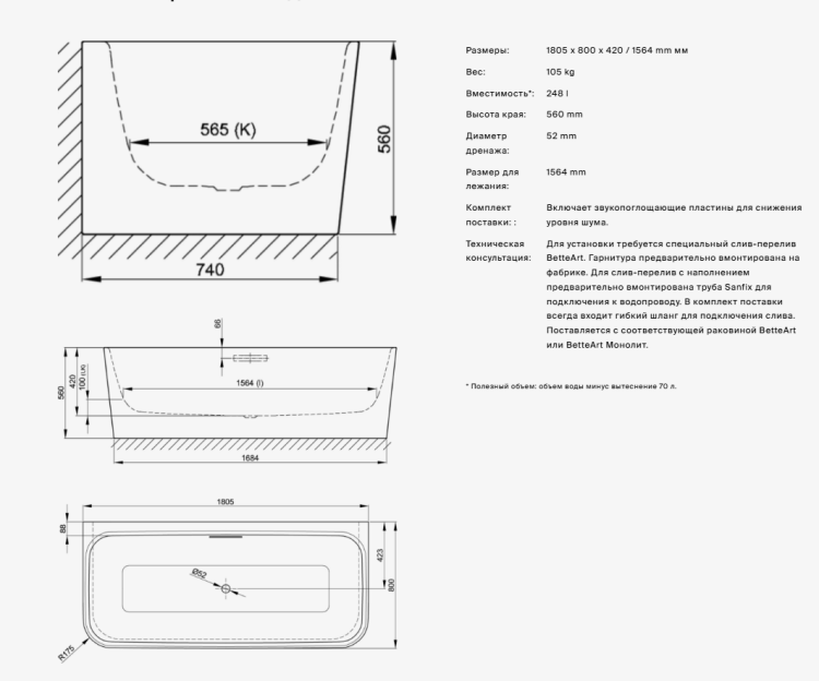 Ванна Bette BetteArt I 1805x800x420 мм BetteGlasur® Plus белый 3480-000CWVHKPLUS