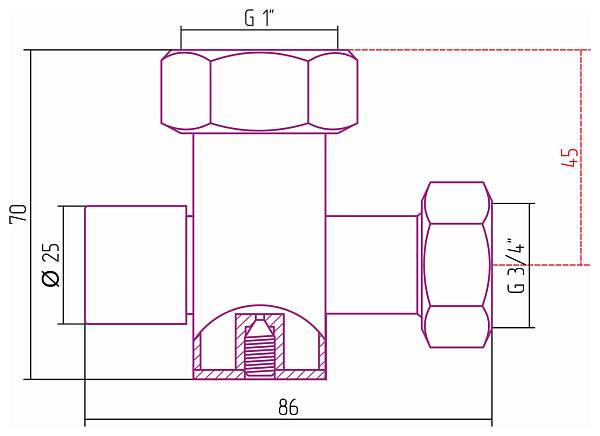 Вентиль запорный с клапаном Стилье скрытый G1 НГ x G3/4 НГ без покрытия 01101-1034