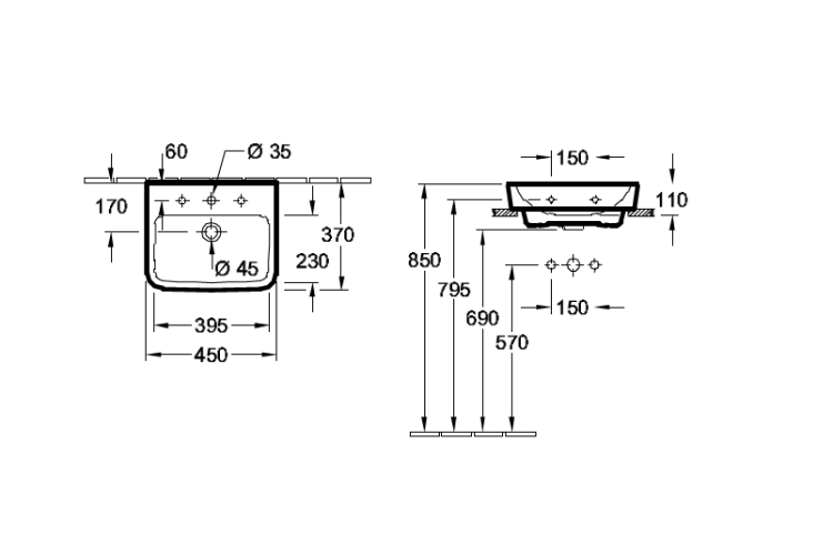 Раковина Villeroy & Boch O.Novo 450x370 мм подвесная AntiBac 43444F01