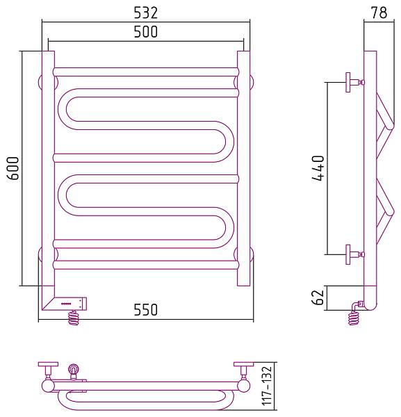Полотенцесушитель электрический Сунержа Элегия 2.0 500x600 мм левый без покрытия 00-5218-6050
