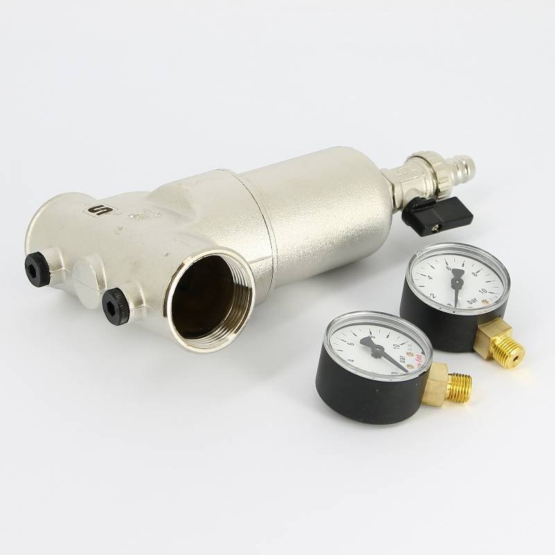 Фильтр промывной Uni-Fitt ВВ 1 со сливным краном и 2 манометрами 300 мкм никелированный 216N4030