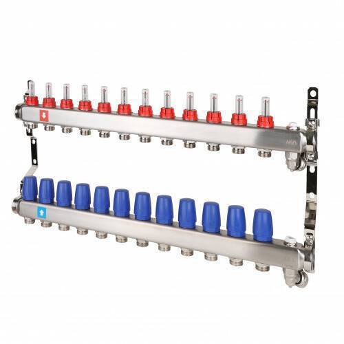 Коллекторная группа Hogert Premium 1 x 3/4 EK 12 выходов с расходомерами дренажным краном и воздухоотводчиком HOGMS71206