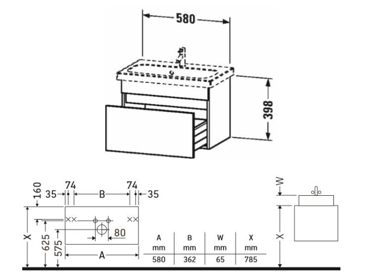 Тумба под раковину Duravit DuraStyle подвесная 580x368x398 мм 1 ящик базальт матовый DS637904343
