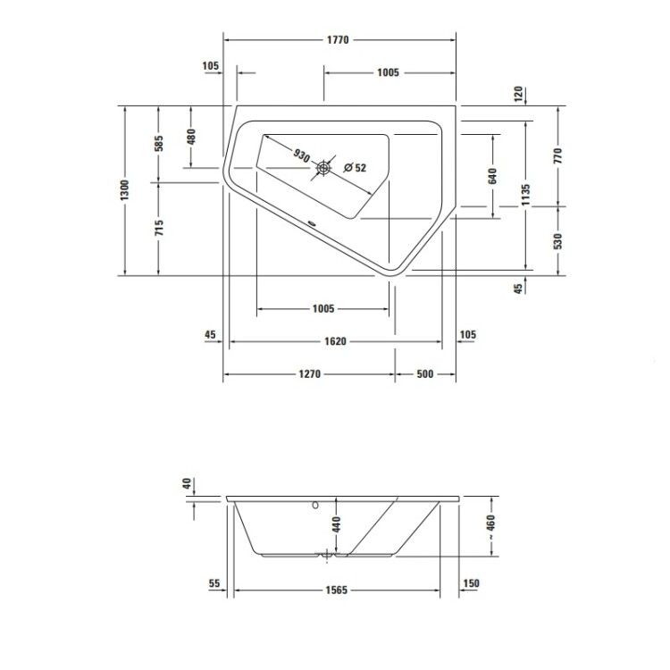 Ванна встраиваемая Duravit Paiova 1770x1300x460 мм пятиугольная угол справа белая 700391000000000