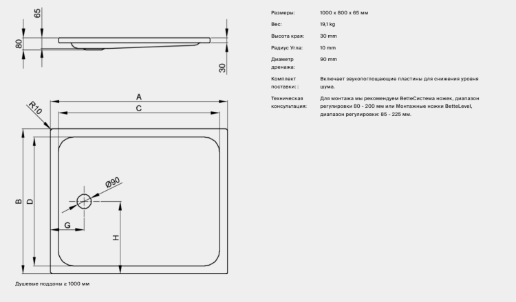Душевой поддон Bette BetteSupra 1000x800x65 мм с покрытием BetteGlasur Plus белый 5520-000PLUSZ58