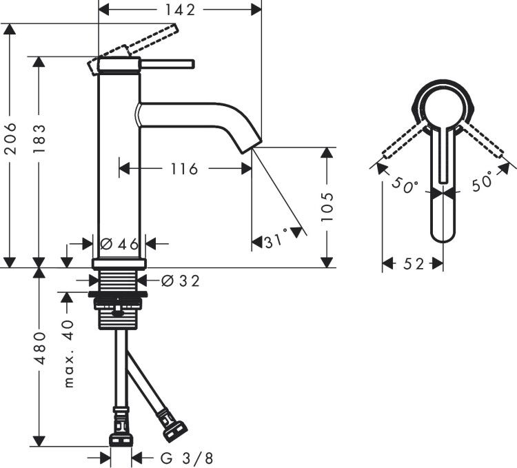 Смеситель для раковины Hansgrohe Tecturis S EcoSmart+ шлифованная бронза 73311140