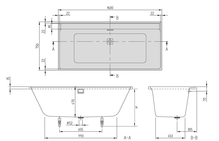 Ванна Villeroy & Boch Collaro 1600x750 мм слив-перелив черный матовый UBA160COR2NV01