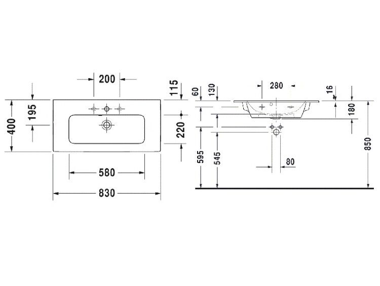 Раковина Duravit ME by Starck 830x400 мм с 1 отверстием для смесителя цвет белый 2342830000