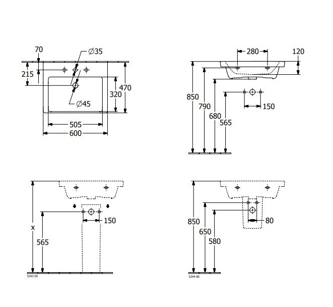 Раковина Villeroy & Boch Subway 3.0 600x470 мм 1 отверстие для смесителя CeramicPlus 4A706LR1