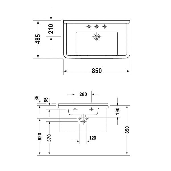 Раковина для мебели Duravit Starck 3 850x485 мм 1 отверстие для смесителя 0304800000