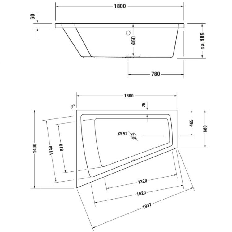 Ванна акриловая Duravit Paiova 180x140 см встраиваемая левая 700216000000000