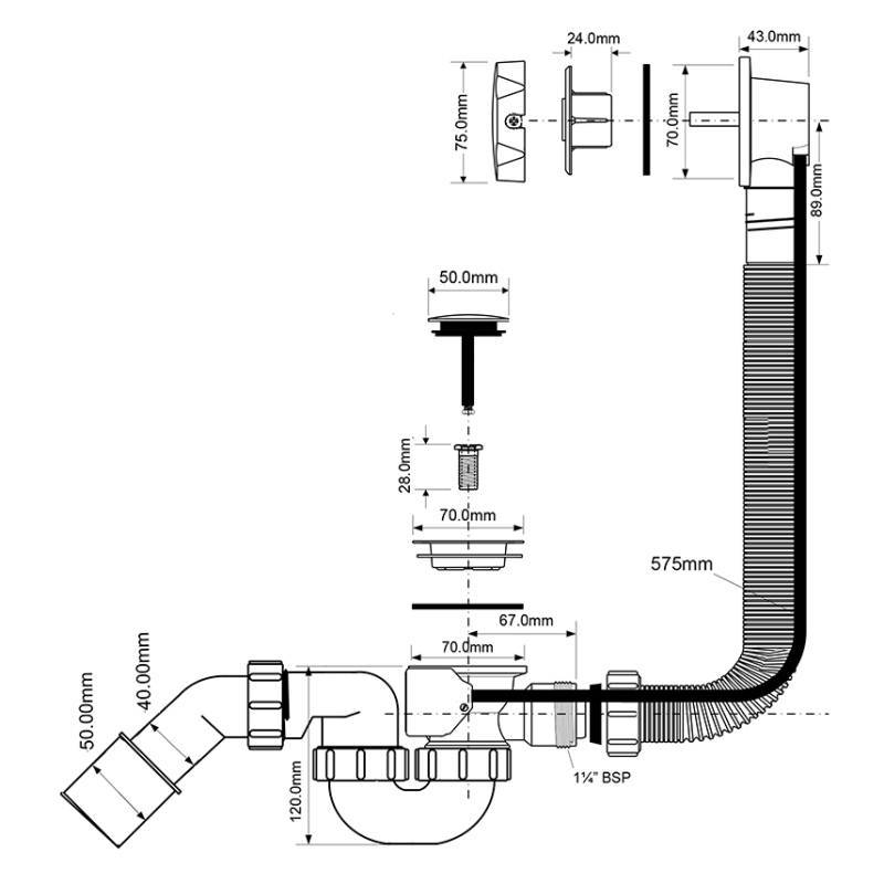 Слив-перелив для ванны McAlpine полуавтомат L575 мм хром MRB2C-PB