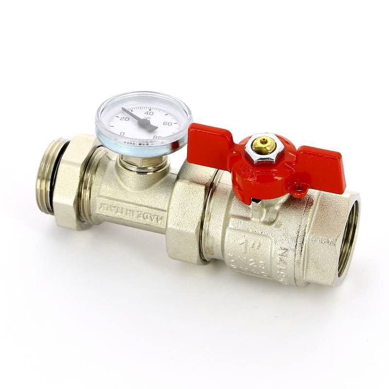 Кран шаровой Uni-Fitt 1 НВ полнопроходной бабочка с разъемным соединением и термометром 118T4000