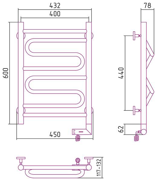 Полотенцесушитель электрический Сунержа Элегия 2.0 400x600 мм правый без покрытия 00-5219-6040