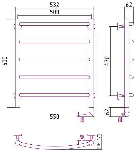 Полотенцесушитель электрический Сунержа Галант 2.0 500x600 мм правый темный титан муар 15-5201-6050