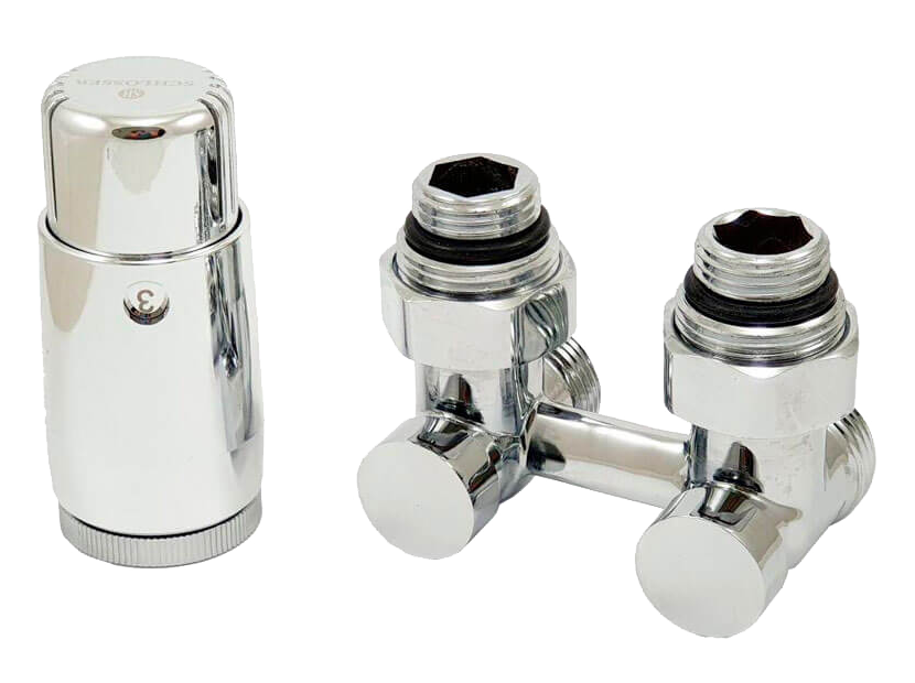 Комплект узла нижнего подключения угловой Schlosser Standard 3/4 хром с термоголовкой M30x1.5 и ниппелями 1/2x3/4 600800013