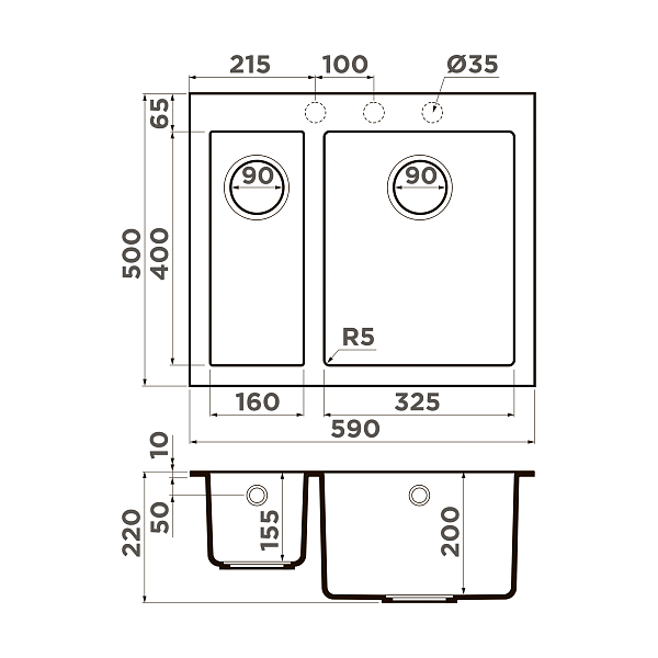 Кухонная мойка Omoikiri Bosen 59-2-DC Tetogranit 59 x 50 см темный шоколад 4993223