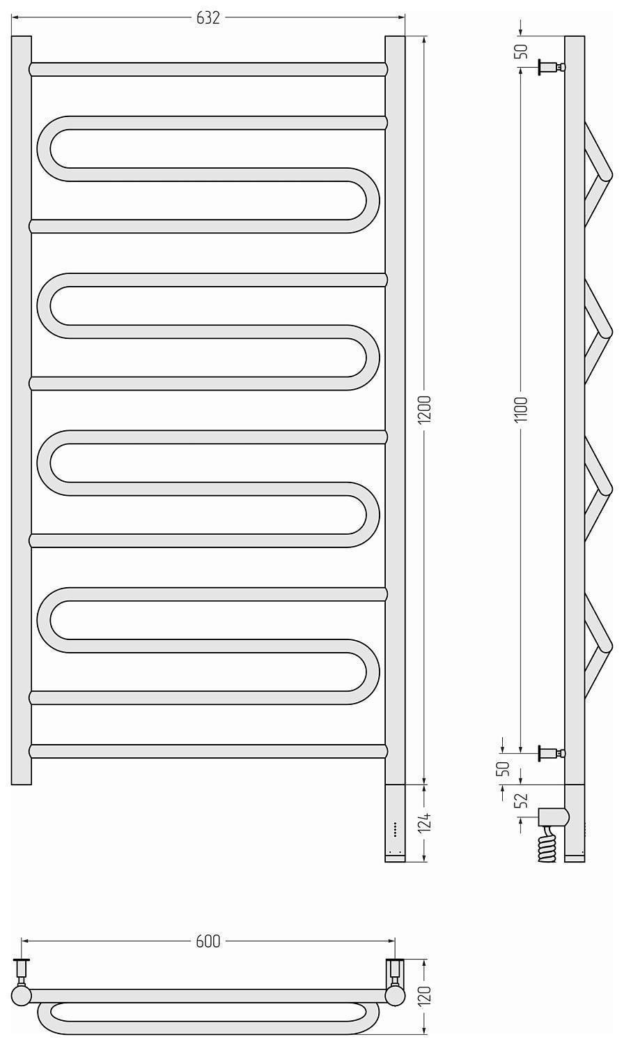 Полотенцесушитель электрический Сунержа Элегия 3.0 632x1324 мм правый матовый черный 31-5819-1260