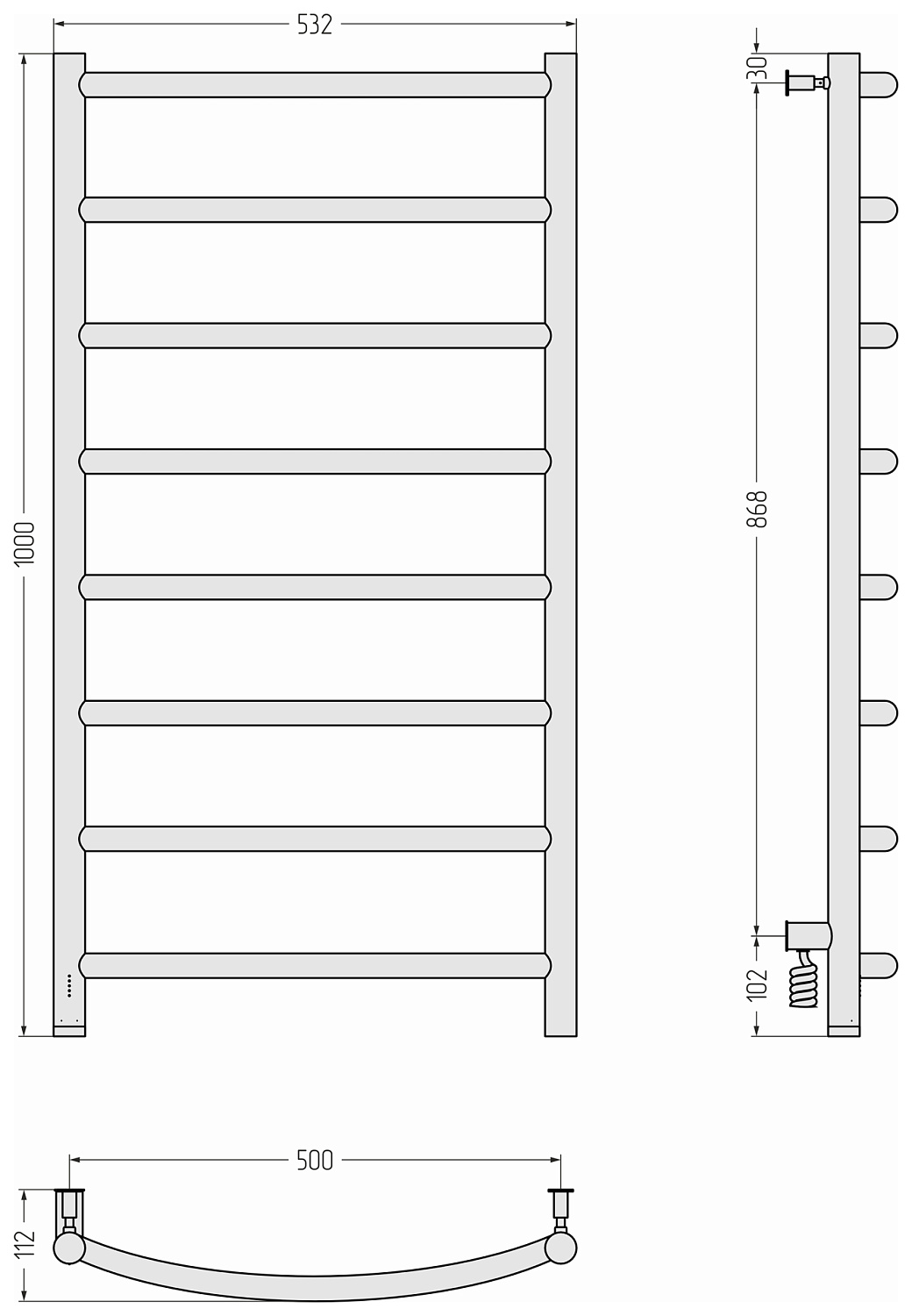 Полотенцесушитель электрический Сунержа Галант 4.0 532x1000 мм без покрытия 00-0830-1050
