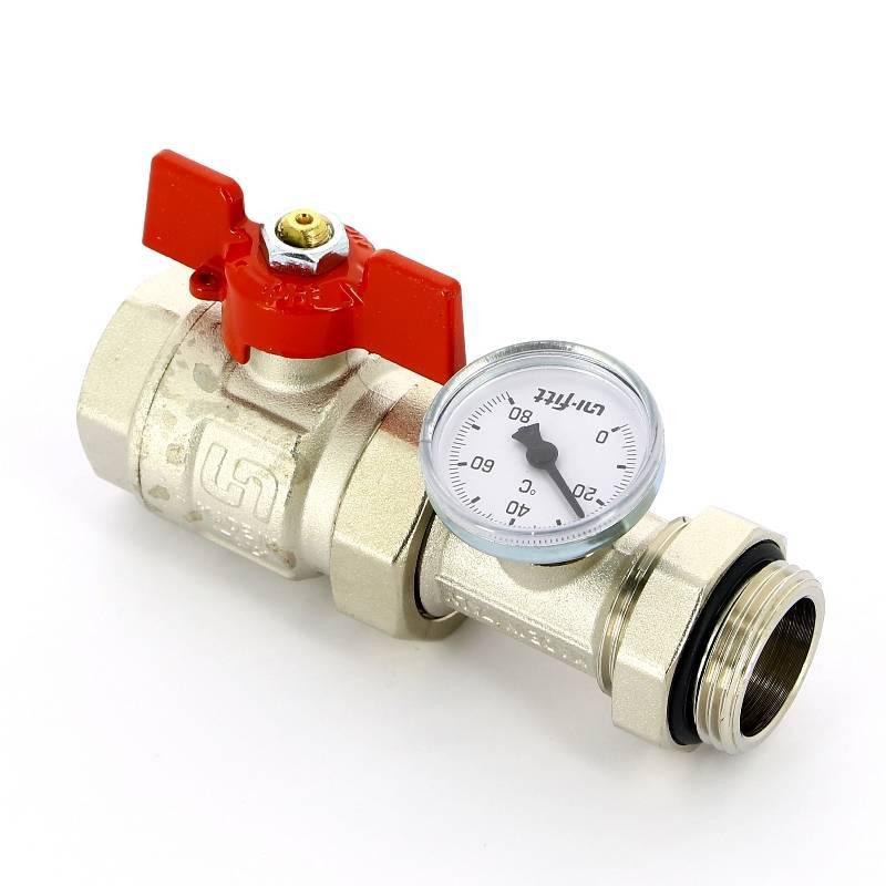 Кран шаровой Uni-Fitt 1 НВ полнопроходной бабочка с разъемным соединением и термометром 118T4000