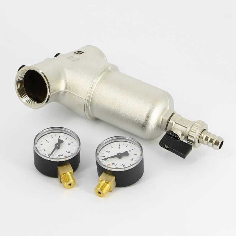 Фильтр промывной Uni-Fitt ВВ 1 со сливным краном и 2 манометрами 300 мкм никелированный 216N4030