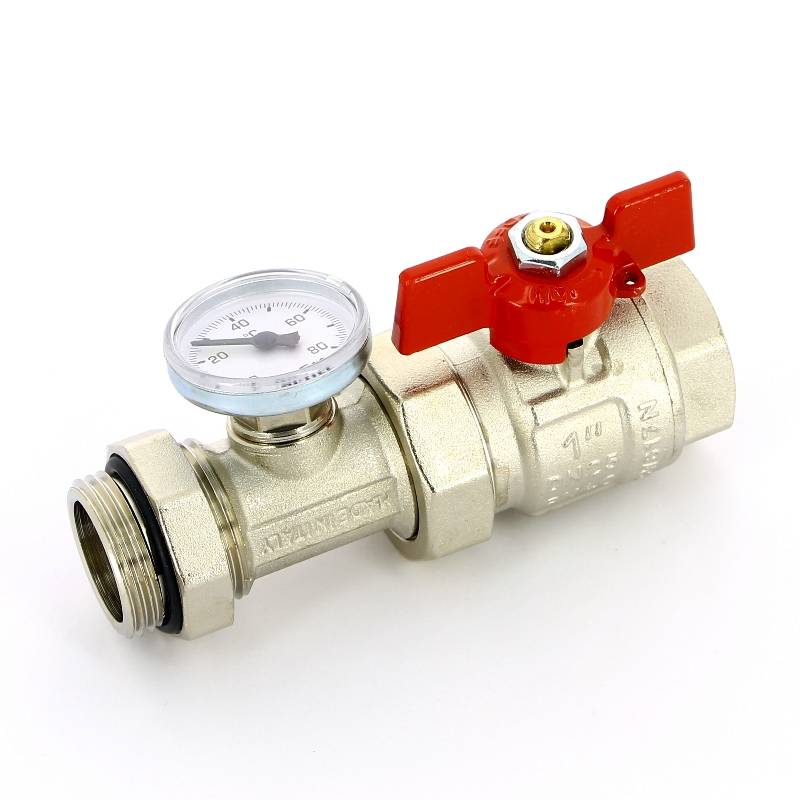 Кран шаровой Uni-Fitt 1 НВ полнопроходной бабочка с разъемным соединением и термометром 118T4000