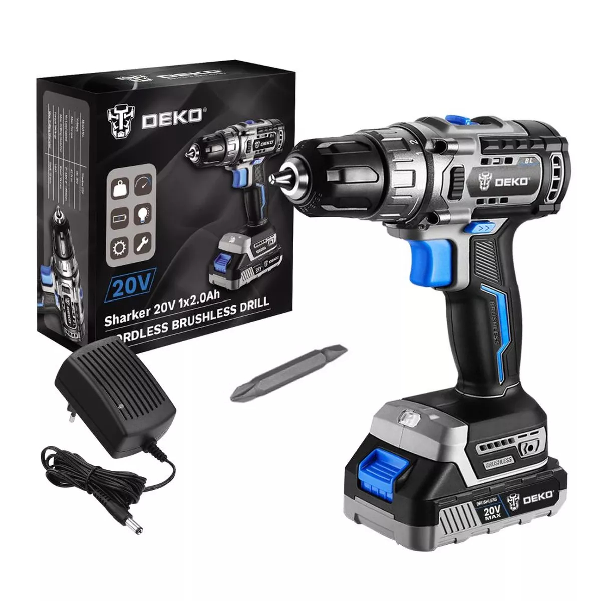 Дрель-шуруповерт аккумуляторная бесщеточная DEKO Sharker 20V 20 В 1x2.0 Ач Sharker 20V