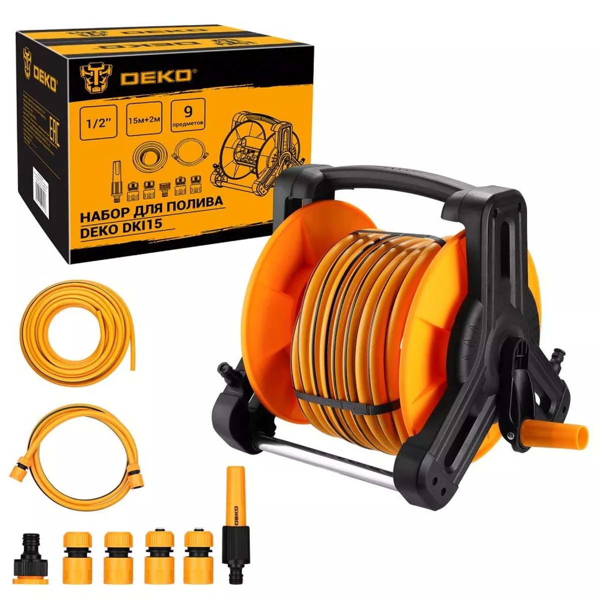 Набор для полива DEKO DKI15 шланг 1/2 15+2 м с катушкой и насадками 9 предметов 065-0930