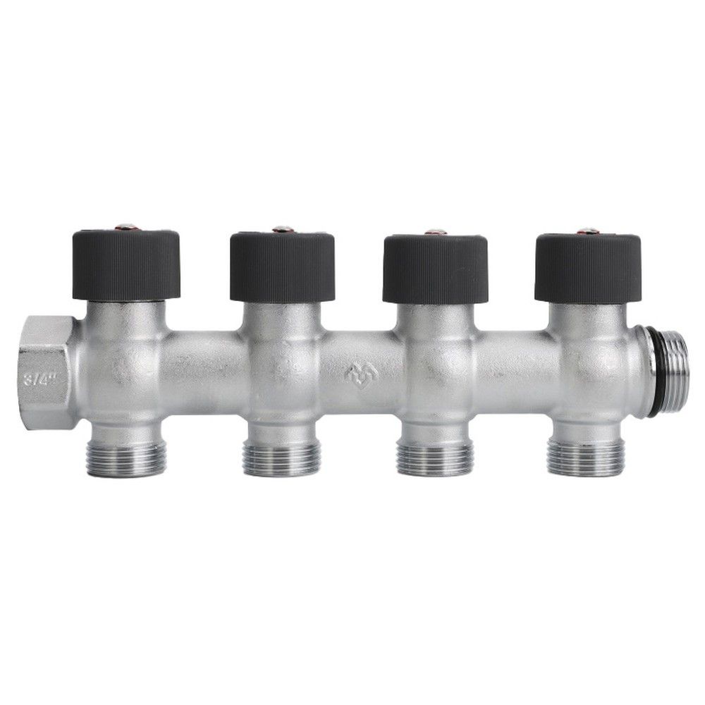 Коллектор с регулировочным клапаном латунный VARMEGA VMMM03, 3/4", на 4 выхода 3/4"ЕК, никель