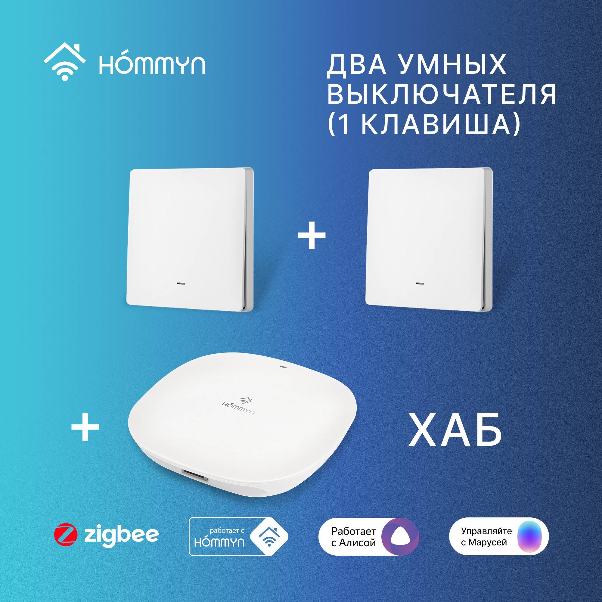 Комплект умного дома HOMMYN: 2 одноклавишных выключателя и хаб Zigbee SW11HOMKIT04
