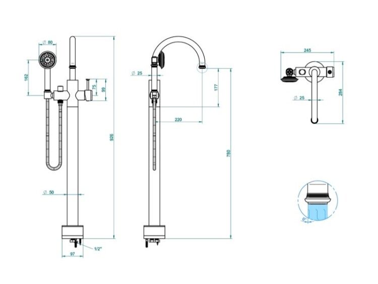 Смеситель для ванны и душа THG West Coast With Metal Lever Handle напольный никель матовый U9BC016508S