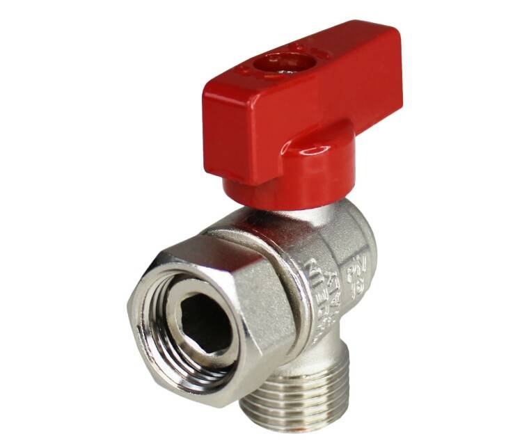 Кран шаровой угловой Everline 1/2 НВ ручка-флажок красная с накидной гайкой EV951212