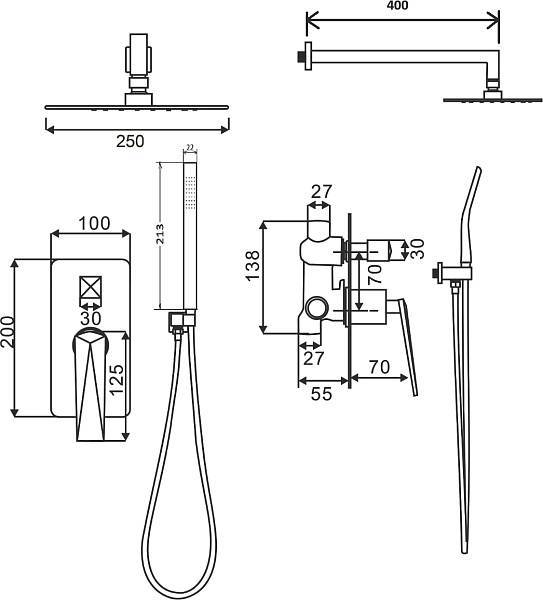 Душевая система Boheme Venturo встраиваемая со смесителем верхним и ручным душем темная сталь 374-SGM