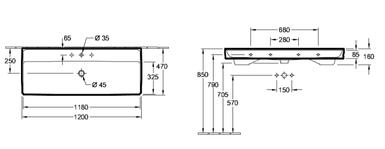 Раковина Villeroy & Boch Collaro 1200x470 мм подвесная/накладная без перелива альпийский белый 4A33C201
