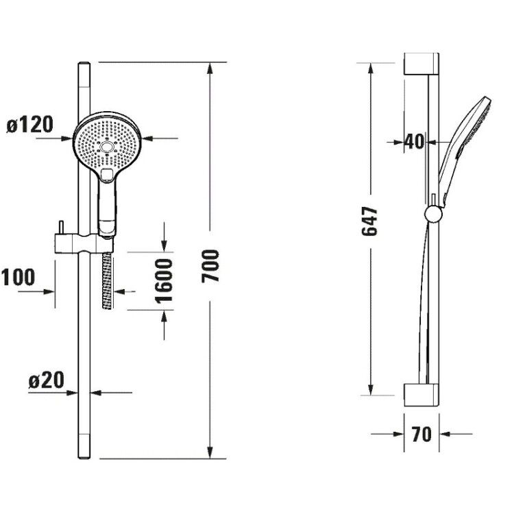 Душевой гарнитур Duravit 120 штанга 700 мм 3 режима хром UV0680003010