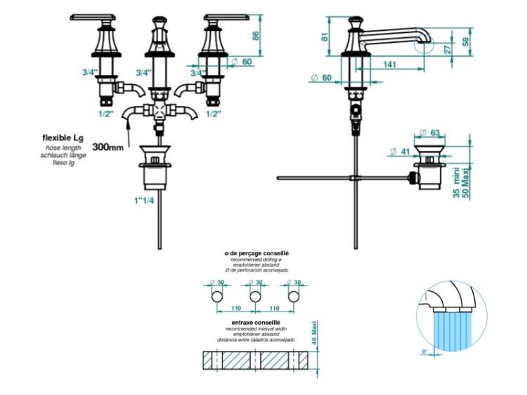 Смеситель для раковины THG Tradition manettes на 3 отверстия хром A58A02151