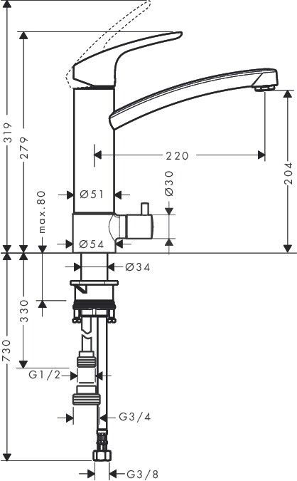 Смеситель для кухни Hansgrohe Focus M41 с запорным вентилем хром 31803000