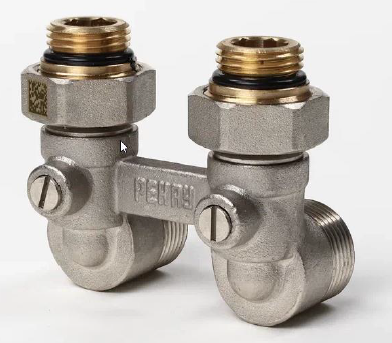 Блок шаровых кранов REHAU угловой G 1/2 x G 3/4 никелированный 12407373001