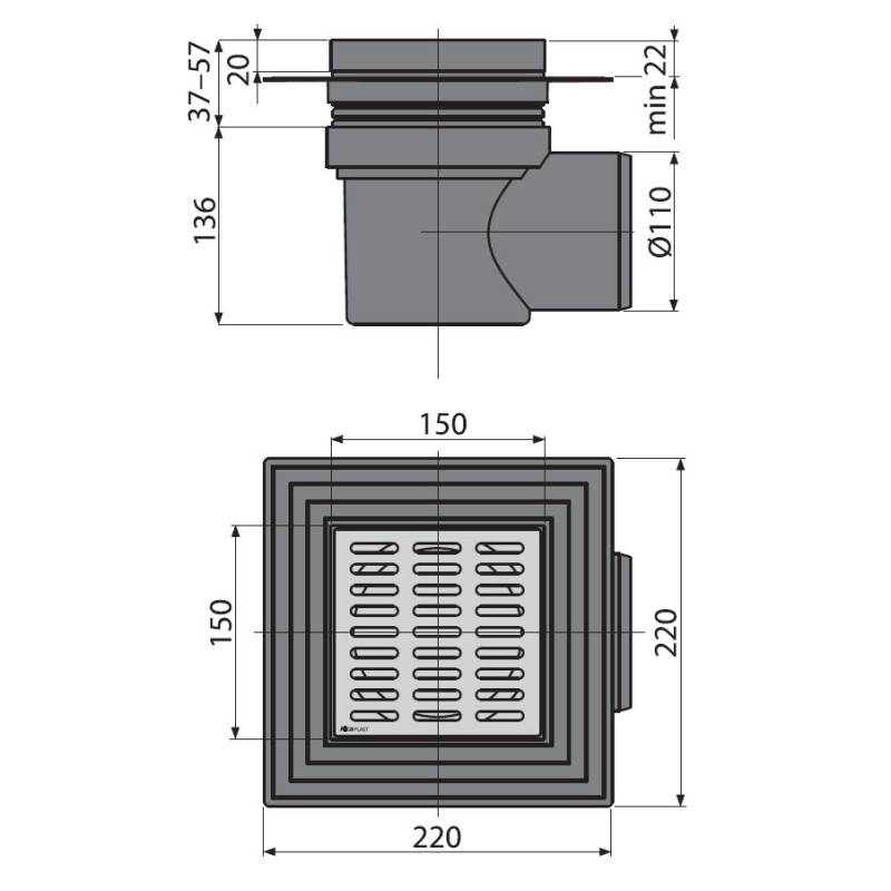 Трап для душа Alca 150х150 мм боковой выпуск 110 мм нержавеющая сталь APV12