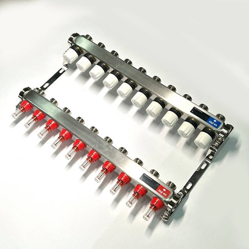 Коллекторная группа STOUT 1 x 10 выходов 3/4 с расходомерами и термостатическими вентилями без концевых групп нержавеющая сталь 450W4310