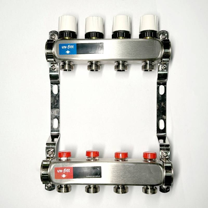 Коллекторная группа 1 x 4 выхода 3/4 STOUT с балансировочными клапанами из нержавеющей стали без концевых групп 451W4304