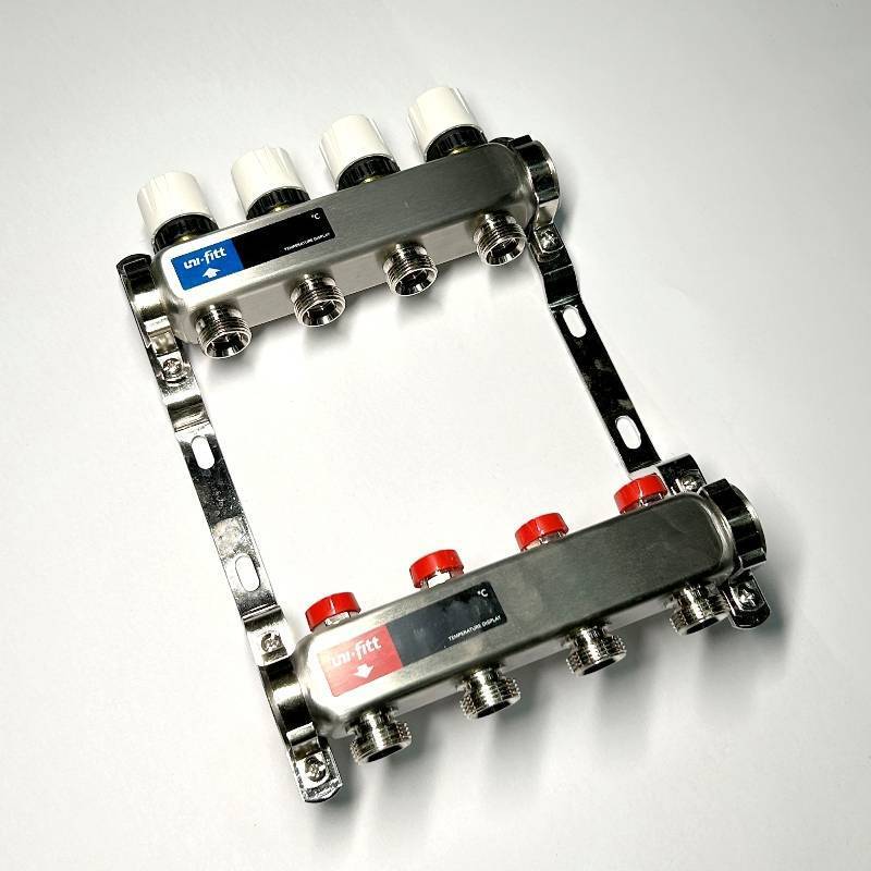 Коллекторная группа 1 x 4 выхода 3/4 STOUT с балансировочными клапанами из нержавеющей стали без концевых групп 451W4304