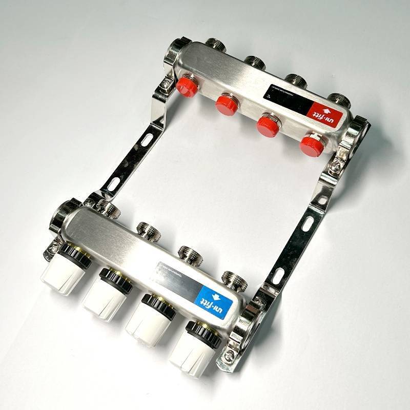 Коллекторная группа 1 x 4 выхода 3/4 STOUT с балансировочными клапанами из нержавеющей стали без концевых групп 451W4304