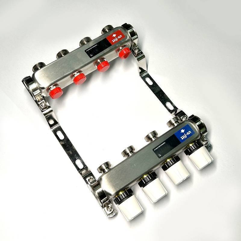 Коллекторная группа 1 x 4 выхода 3/4 STOUT с балансировочными клапанами из нержавеющей стали без концевых групп 451W4304