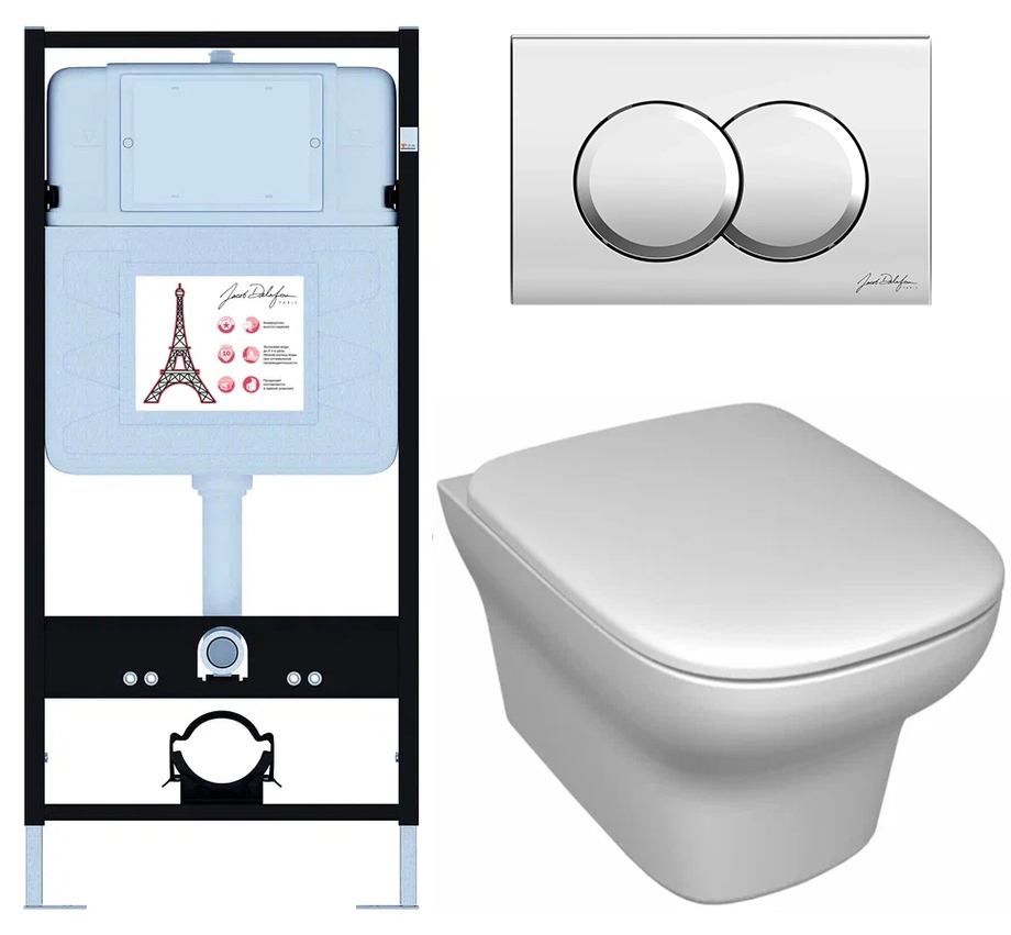 Унитаз с инсталляцией Jacob Delafon Vox сиденье тонкое микролифт панель для двойного смыва хром E21747RU-CP
